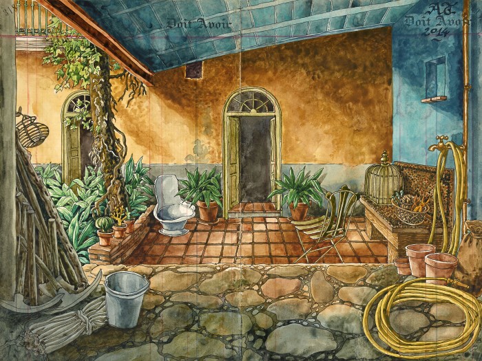 En ocre et bleu, coulisses du jardin