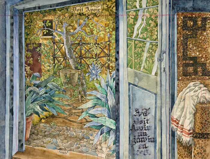 Figuier, mortier, aspidistra : « eye-catchers », le jardin rez-de-chaussée depuis la cuisine d'été